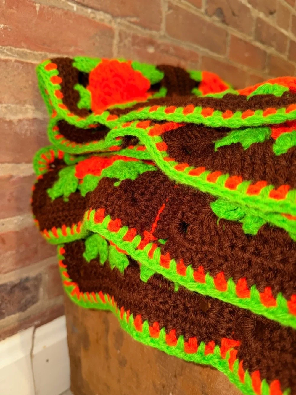Vintage Handmade Crochet Granny Square Blanket with Orange Flowers